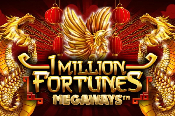 Logotipo do jogo '1 Million Fortunes Megaways' com dragões dourados e lanternas vermelhas em um fundo repleto de moedas de ouro.