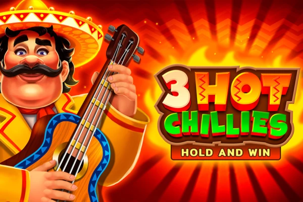 Logotipo do jogo '3 Hot Chillies Hold and Win' com um personagem de mariachi segurando um baixo, em um fundo alaranjado vibrante com efeito de luz.
