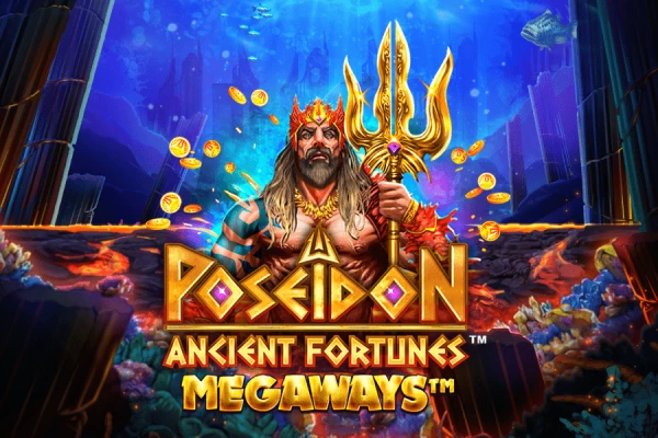 Arte do jogo 'Poseidon Ancient Fortunes Megaways' mostrando o deus Poseidon com um tridente, cercado por moedas de ouro em um fundo subaquático.
