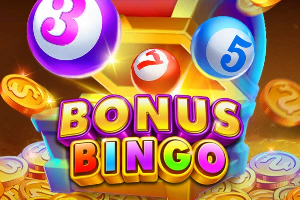 Logotipo do 'Bonus Bingo' com bolas de bingo coloridas e moedas de ouro ao redor do texto em um fundo radiante.