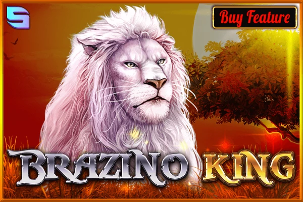 Imagem do 'Brazino King' com um leão branco majestoso ao pôr do sol com o texto 'Buy Feature' no canto superior direito.