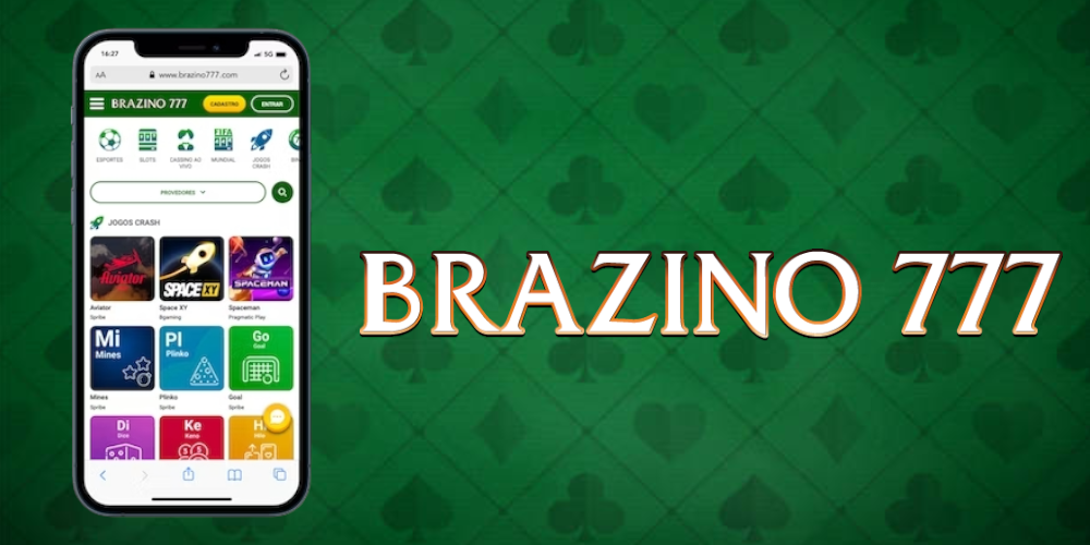 Imagem promocional do site Brazino 777 mostrado em um smartphone, com a interface exibindo várias opções de jogos como 'Aviator', 'Space XY', e 'Spaceman'. O fundo é verde com padrão de trevos e o texto 'BRAZINO 777' em grande destaque.