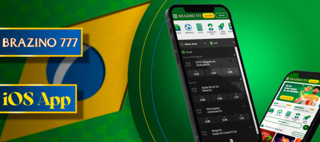 Imagem promocional do aplicativo iOS do Brazino 777, mostrando dois smartphones exibindo a interface do aplicativo. O telefone à esquerda mostra uma página de apostas esportivas, e o à direita exibe promoções de cassino sobre um fundo abstrato verde e amarelo com os textos 'Brazino 777' e 'iOS App' em destaque.