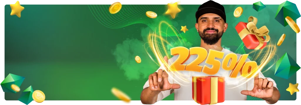 Pancarta promocional del casino que muestra a un hombre sonriente con gorra, sosteniendo una caja de regalo con números mágicos y monedas volando, con un texto que anuncia un kit de bienvenida de hasta R$ 4000 y un botón de registro.