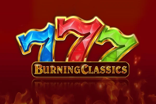 Logotipo do jogo 'Burning Classics' com o número 777 em vermelho, azul e verde, em um fundo vermelho com chamas ao fundo.