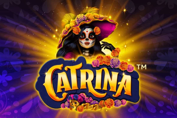 Logotipo do jogo 'Catrina' com uma figura feminina estilizada com uma máscara de caveira decorada com flores, sob um fundo escuro e estrelado.