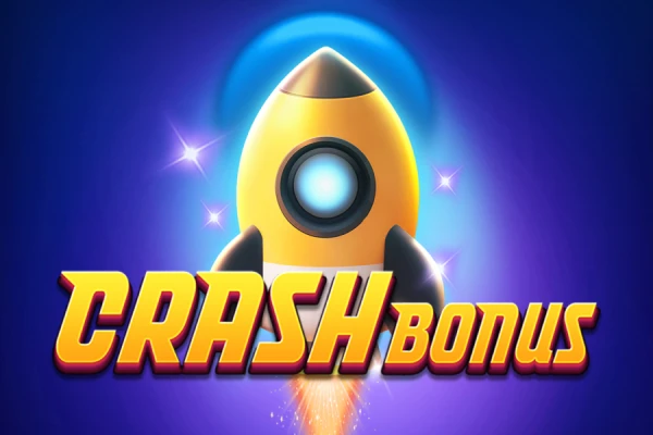 Logotipo do 'Crash Bonus' com uma imagem de um foguete amarelo lançando-se para cima contra um fundo azul brilhante.