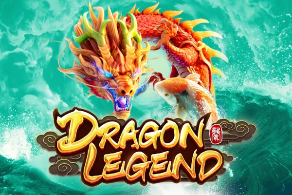 Arte do jogo 'Dragon Legend' com um dragão chinês dourado e um peixe koi saltando sobre ondas turbulentas.