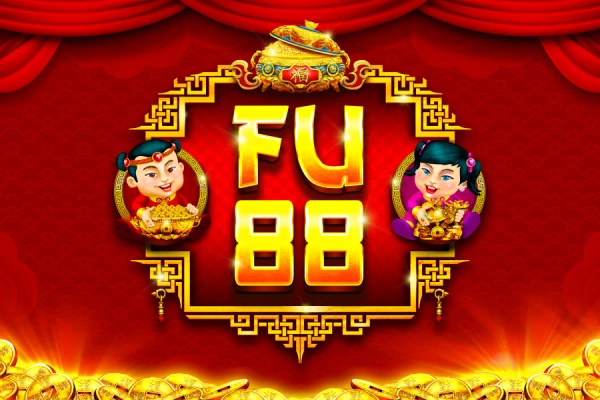 Imagem do jogo 'Fu 88' com ornamentos dourados e figuras de crianças chinesas segurando moedas de ouro em um pano de fundo vermelho com um portal dourado.