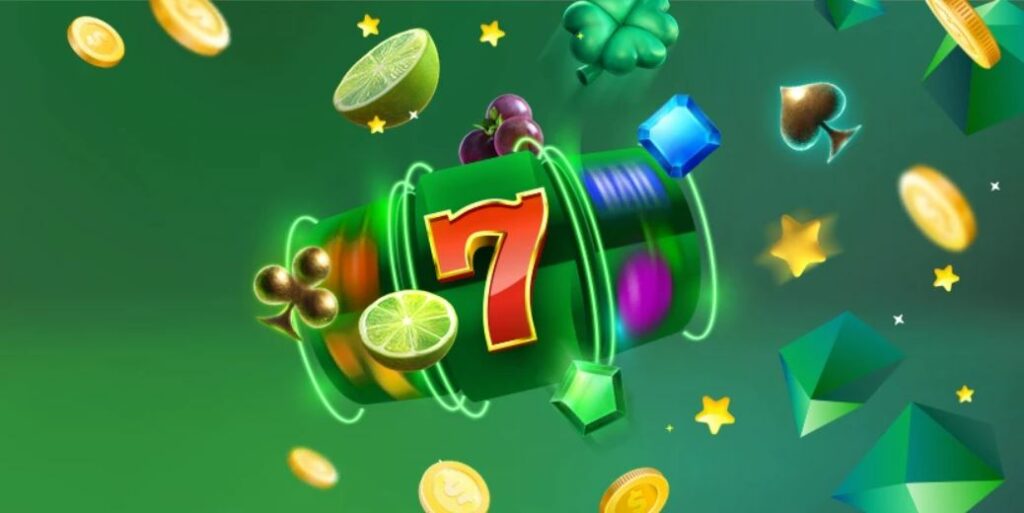 Brazino777 promotional banner with the inscription 'Progressive Jackpots' highlighting the number 7 in green surrounded by slot machine symbols such as lemons, cherries, and diamonds, on a vibrant green background with stars and geometric polygons.