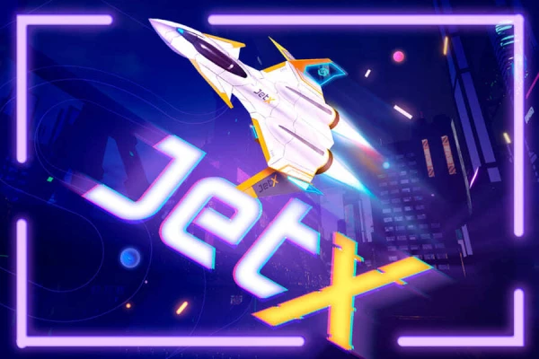 Logotipo do jogo 'JetX' mostrando uma nave espacial branca voando através de um portal neon com o nome 'JetX' em destaque.