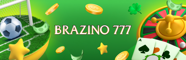 Banner do Brazino 777 com elementos temáticos de jogos e esportes, incluindo uma bola de futebol em um gol, roleta, cartas de baralho, e moedas, com um fundo verde vibrante e um botão 'Jogar Jogos!'.