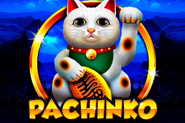 Logotipo do jogo 'Pachinko' com um gato da sorte japonês (Maneki-neko) branco acenando, sobre um fundo com montanhas e céu estrelado.