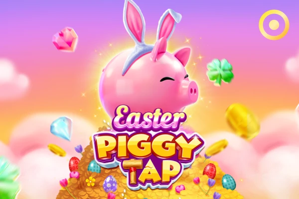 Logotipo do 'Easter Piggy Tap' mostrando um cofrinho rosa com orelhas de coelho, cercado por moedas, cristais e ovos de Páscoa coloridos, sobre um fundo colorido e vibrante.