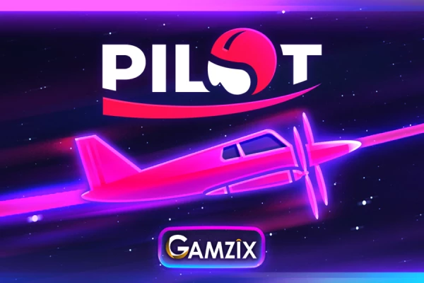 Logotipo do 'Pilot' com uma imagem estilizada de um avião rosa e roxo em um fundo espacial, acompanhado pelo texto 'Gamzix'.