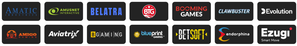 Coleção de logotipos de empresas de jogos incluindo Amatic Industries, Amusnet Interactive, Belatra, BGaming, Big Time Gaming, Blueprint Gaming, Betsoft, Clawbuster, Endorphina e Ezugi, apresentados em uma linha contra fundos variados.
